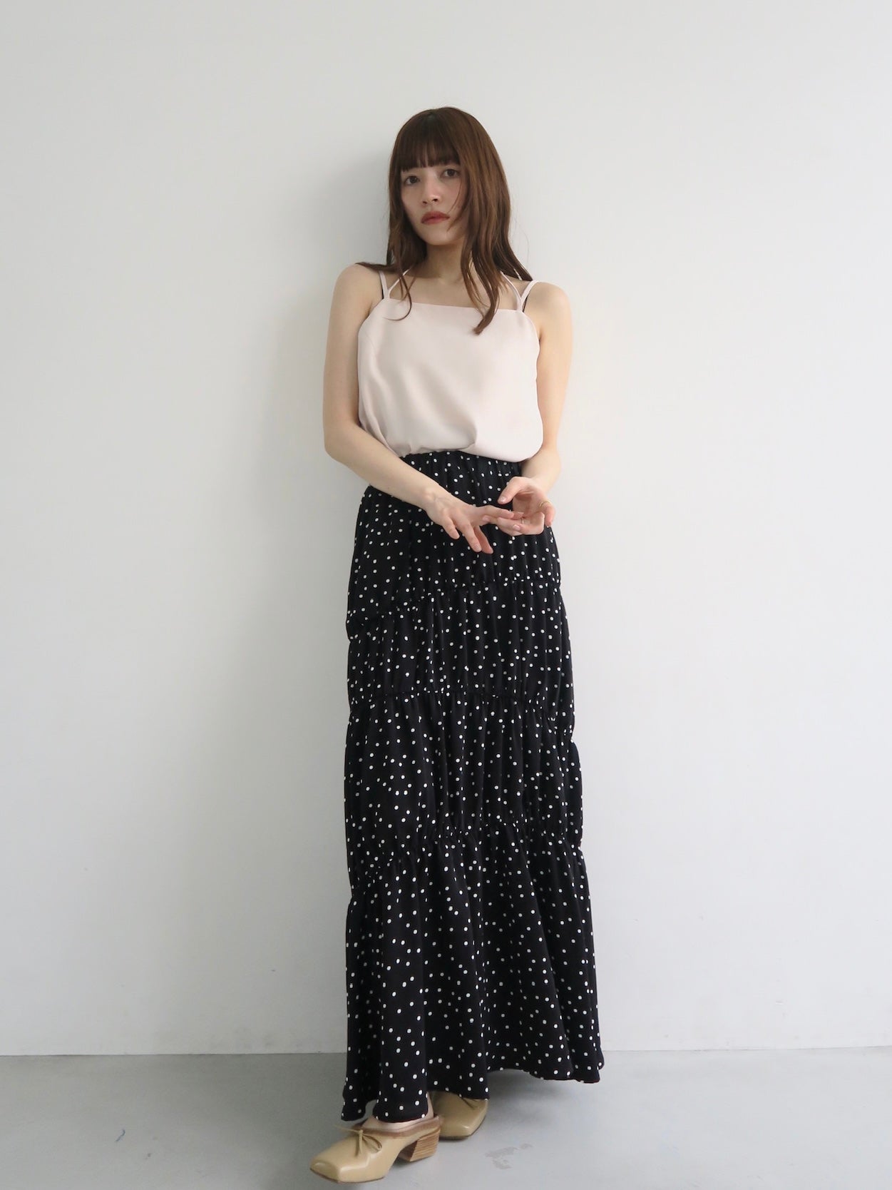 値下げ 【試着のみ】miies miimドットワッシャーシャーリングスカート dot washer shirring skirt – miies miim